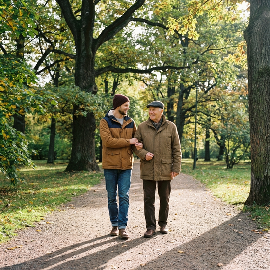 Ein aufmerksamer Alltagsbegleiter hakt einen älteren Herrn beim Spaziergang durch einen grünen Park mit alten Bäumen sanft unter.