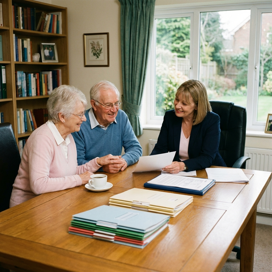 Ein älteres Ehepaar sitzt mit einer freundlichen Beraterin an einem Holztisch, vor ihnen liegen übersichtlich geordnete Dokumente und eine Kaffeetasse.