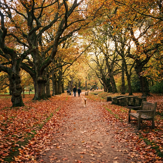 Ein gemütlicher Spazierweg in einem weitläufigen Park im Herbst, bunte Blätter auf dem Boden, alte Bäume säumen den ruhigen Weg.