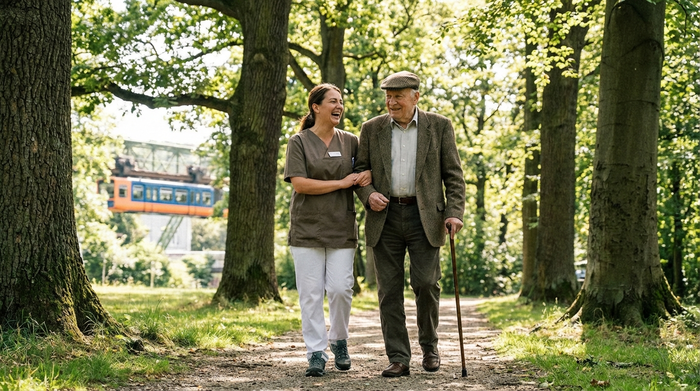 Eine engagierte Pflegekraft und ein älterer Herr spazieren entspannt durch einen grünen Park in Wuppertal, umgeben von alten Bäumen und strahlendem Sonnenschein.