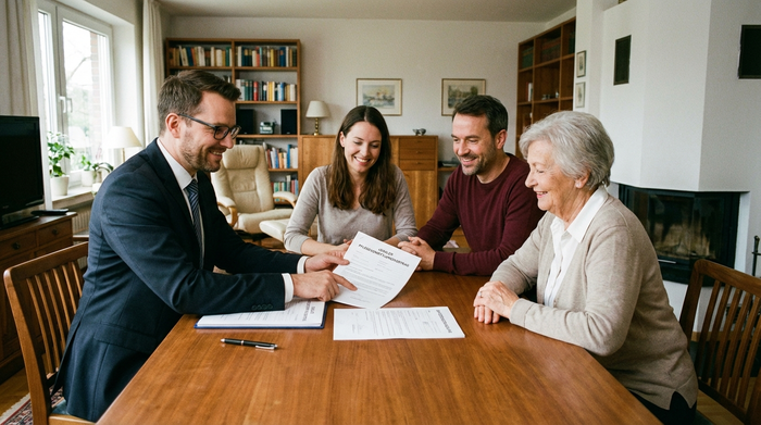 Ein seriöser Berater sitzt mit einer Familie an einem Holztisch im Wohnzimmer und bespricht freundlich die offiziellen Dokumente zur legalen Pflegevermittlung.