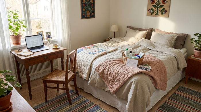 Ein helles, liebevoll eingerichtetes Gästezimmer mit einem bequemen Bett, einem kleinen Schreibtisch und einem Laptop, einladend vorbereitet für eine Betreuungskraft.