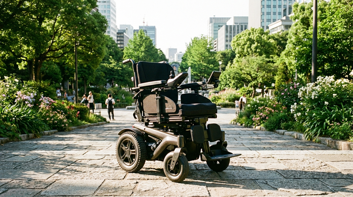 Ein moderner Elektrorollstuhl steht sicher auf einem gepflasterten, leicht ansteigenden Weg in einer grünen städtischen Umgebung. Realistische Szene, strahlender Sonnenschein, ohne Text.