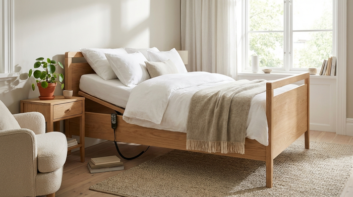 Ein hochwertiges, elektrisches Pflegebett aus hellem Holz in einem gemütlichen, sauberen Schlafzimmer. Frische weiße Bettwäsche, eine kleine Pflanze auf dem Nachttisch. Realistische Darstellung, ohne Text.