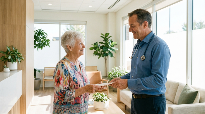 Ein freundlicher Arzt überreicht einer lächelnden älteren Dame in einer sauberen, modernen Praxisabteilung ein Dokument. Vertrauensvolle Atmosphäre, helles Licht, ohne Text.