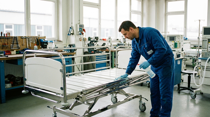 Ein sauberes, glänzendes Pflegebett wird in einer professionellen, hellen Werkstatt von einem Techniker in Arbeitskleidung sorgfältig gereinigt. Fachmännische Umgebung, ohne Text.