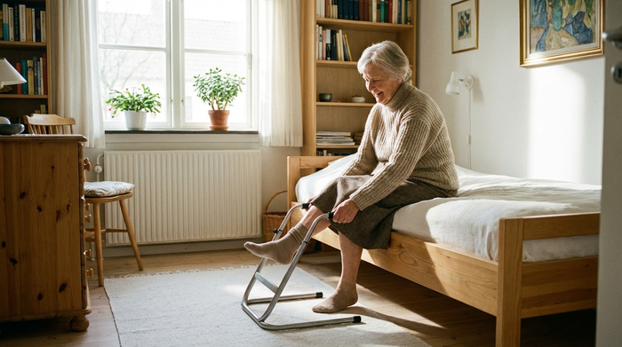 Eine ältere Frau sitzt bequem auf der Bettkante in einem aufgeräumten, sonnigen Schlafzimmer. Sie nutzt ein stabiles Metallgestell, um mühelos und ohne Bücken in ihren Strumpf zu schlüpfen. Sie wirkt entspannt und selbstständig.