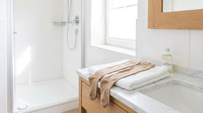 Ein sauberes, helles Badezimmer. Auf einem flauschigen weißen Handtuch liegen frisch gewaschene, hautfarbene Kompressionsstrümpfe zum Trocknen aus. Daneben steht eine kleine Flasche mit mildem Feinwaschmittel. Alles wirkt sehr hygienisch und ordentlich.