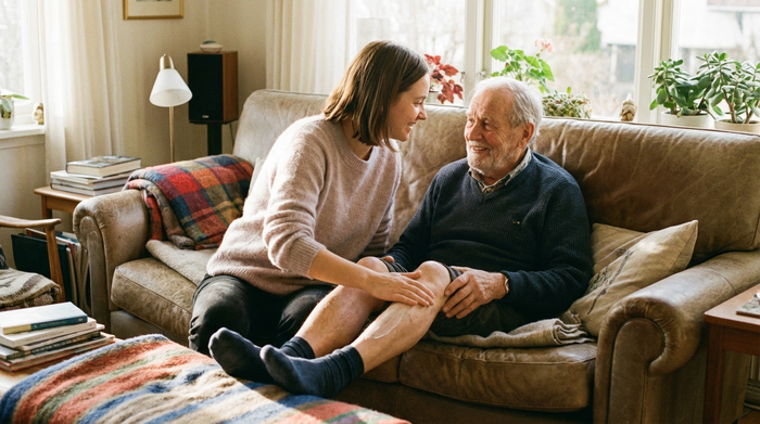 Eine jüngere Frau und ihr älterer Vater sitzen gemeinsam auf einem gemütlichen Sofa im Wohnzimmer. Die Tochter hilft ihm liebevoll beim Eincremen der Unterschenkel. Beide lächeln sich vertraut an, die Atmosphäre ist warm und fürsorglich.