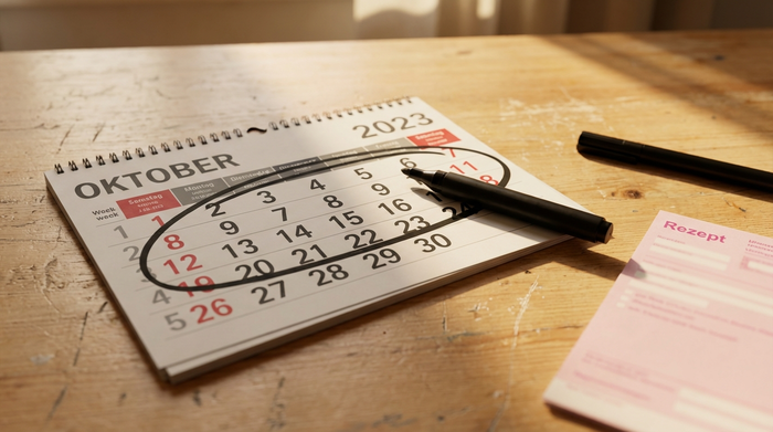 Ein detailreiches, realistisches Bild eines Wandkalenders, auf dem ein Zeitraum von vier Wochen mit einem Stift markiert ist. Daneben liegt ein unscharfes, rosafarbenes ärztliches Rezept auf einem hellen Holztisch. Warme, einladende Beleuchtung.