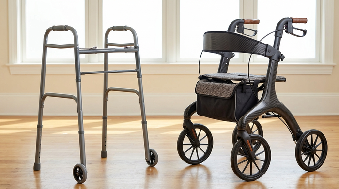 Zwei unterschiedliche Rollatoren stehen nebeneinander in einem hellen Raum. Links ein schlichtes, robustes Standardmodell, rechts ein moderner, eleganter Leichtgewichtrollator aus Carbon. Fokus auf den hochwertigen Details des rechten Modells, ohne Text oder Preisschilder.
