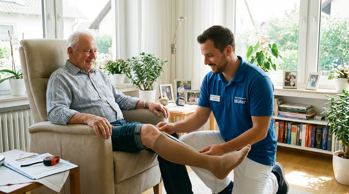 Ein freundlicher Sanitätshaus-Mitarbeiter kniet im hellen Wohnzimmer eines älteren Herrn und misst dessen Bein für Kompressionsstrümpfe aus. Der Senior sitzt entspannt auf einem bequemen Sessel. Professionelle, vertrauensvolle Atmosphäre im heimischen Umfeld.