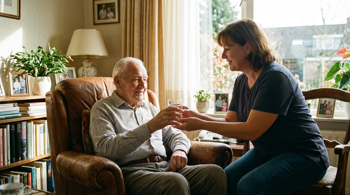 Ein älterer Herr sitzt entspannt in einem bequemen Sessel, während eine einfühlsame Pflegekraft ihm behutsam ein Glas Wasser reicht. Das Zimmer ist hell und wohnlich eingerichtet, warmes Tageslicht fällt durch das Fenster.