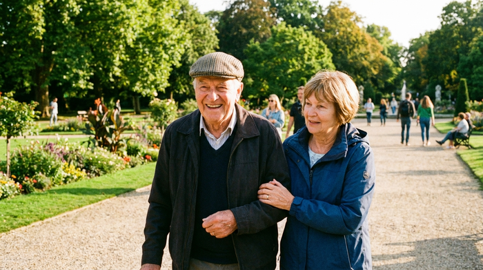 Ein gut gelaunter Senior geht mit einer freundlichen Alltagsbegleiterin im sonnigen Park spazieren. Die Begleiterin stützt ihn sanft am Arm. Grüne Bäume und ein gepflegter Weg im Hintergrund.