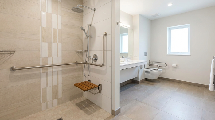 Ein modernisiertes, barrierefreies Badezimmer mit einer großzügigen, ebenerdigen Dusche. Helle Fliesen, ein sicherer Haltegriff an der Wand und ein klappbarer Duschsitz sorgen für Komfort und Sicherheit.