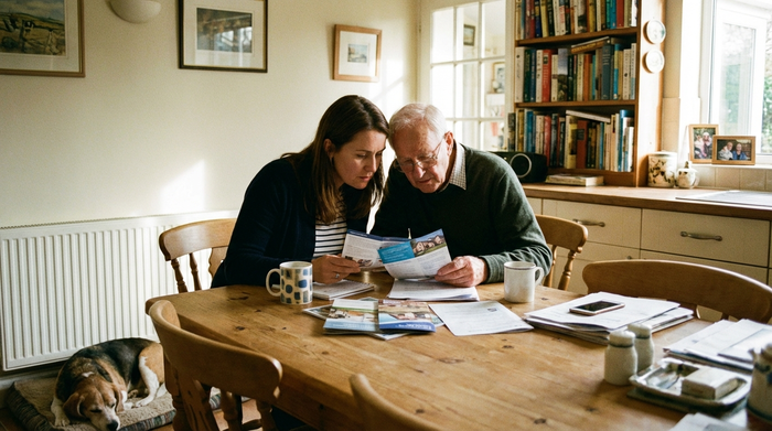 Eine erwachsene Tochter und ihr älterer Vater sitzen am Esstisch und schauen sich gemeinsam konzentriert Informationsmaterialien an. Auf dem Tisch stehen Kaffeetassen. Gemütliche, familiäre Atmosphäre.