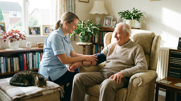 Eine fürsorgliche Pflegekraft misst sanft den Blutdruck eines älteren Herrn, der entspannt in einem bequemen Sessel in seinem Wohnzimmer sitzt. Helles, freundliches Tageslicht, realistische und saubere Umgebung ohne störende Elemente.