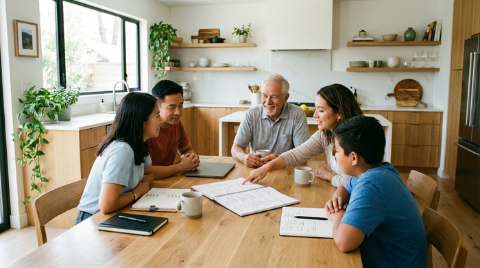 Eine Familie sitzt mit einem älteren Mann an einem Holztisch, sie besprechen ruhig und konzentriert organisatorische Dinge. Ein Notizbuch liegt auf dem Tisch. Helle, moderne Wohnküche, harmonische und unterstützende Stimmung.