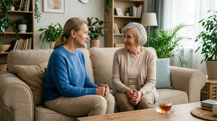 Eine erfahrene Pflegedienstleiterin im Gespräch mit einer Seniorin auf dem Sofa. Beide lächeln sich auf Augenhöhe an. Die Umgebung ist ein aufgeräumtes, gemütliches Wohnzimmer mit Zimmerpflanzen im Hintergrund.