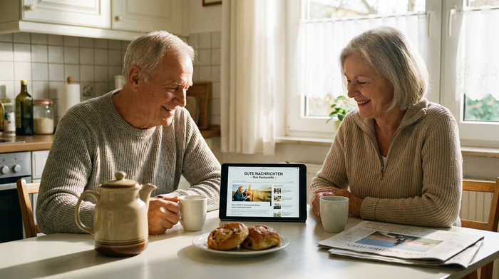 Ein älteres Ehepaar schaut entspannt auf ein Tablet am Küchentisch, umgeben von einer Kaffeekanne und Tassen. Sie wirken erleichtert und gut informiert. Helle, freundliche und alltägliche Atmosphäre.
