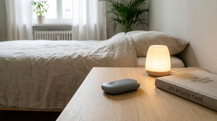 Ein moderner, unauffälliger Hausnotruf-Sender liegt auf einem sauberen Nachttisch aus hellem Holz, daneben eine kleine Leselampe und ein gebundenes Buch. Ruhige, aufgeräumte Schlafzimmer-Atmosphäre im Hintergrund.