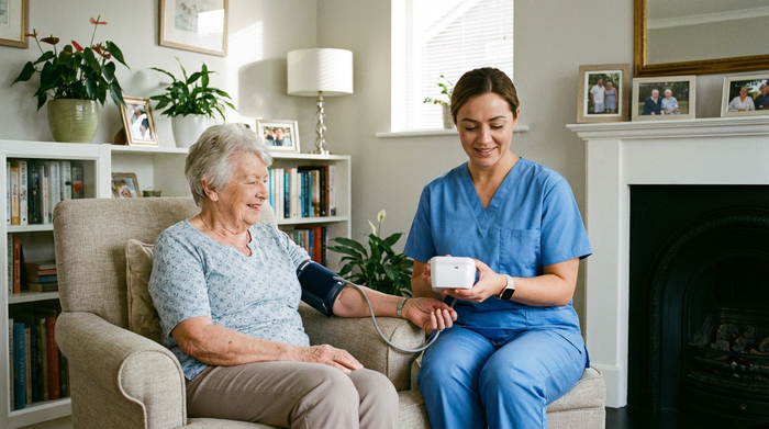 Eine professionelle Pflegekraft in sauberer, blauer Arbeitskleidung misst bei einer älteren Dame im Wohnzimmer schonend den Blutdruck. Im Hintergrund sieht man eine gemütliche und aufgeräumte Einrichtung.