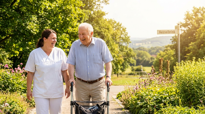 Eine Betreuerin und ein Senior spazieren gemeinsam an einem sonnigen Tag durch einen grünen Park in Bielefeld. Der Senior nutzt einen Rollator, beide lachen und genießen die Natur.
