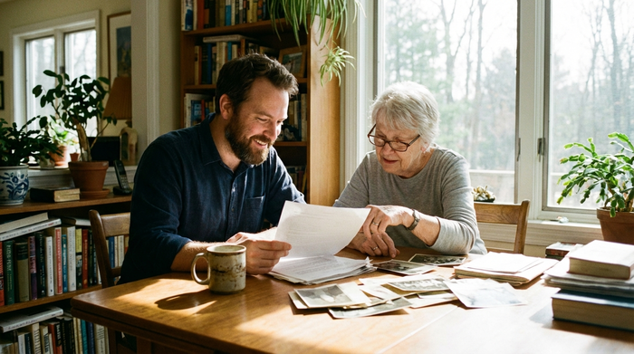 Ein erwachsener Sohn sitzt mit seiner älteren Mutter an einem hellen Schreibtisch. Sie betrachten gemeinsam konzentriert, aber entspannt einige Dokumente. Eine Kaffeetasse steht auf dem Tisch.