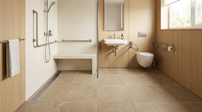 Ein modern gestaltetes, barrierefreies Badezimmer mit einer großzügigen, ebenerdigen Dusche. Haltegriffe an den Wänden und ein rutschfester Boden in hellen, freundlichen Farben sorgen für Sicherheit.