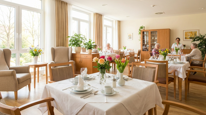 Ein sauberer, einladender Speisesaal in einer Seniorenresidenz mit gedeckten Tischen, weißen Tischdecken und frischen Blumen, durchflutet von Tageslicht.