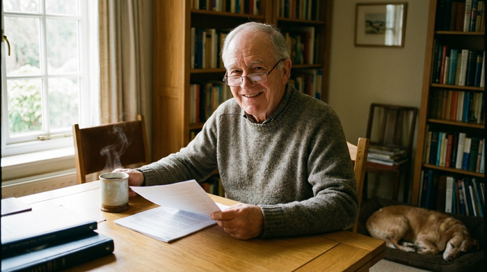 Ein älterer Herr sitzt an einem aufgeräumten Schreibtisch und betrachtet entspannt einige Dokumente, neben ihm steht eine dampfende Tasse Kaffee.