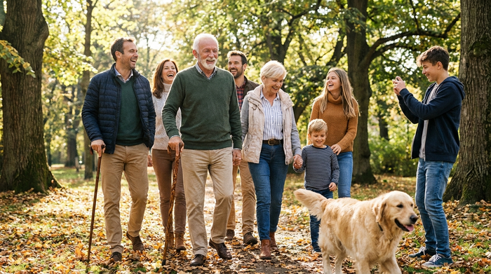 Eine glückliche Familie mit drei Generationen spaziert lachend durch einen sonnigen Park, der Großvater stützt sich leicht auf einen eleganten Gehstock.