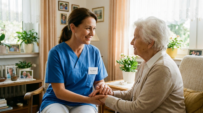 Eine professionelle Pflegekraft in sauberer Dienstkleidung hält sanft die Hände einer Seniorin, beide schauen sich vertrauensvoll und ruhig an.