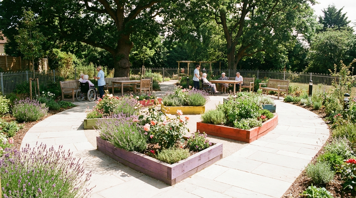 Ein heller, sicherer Demenzgarten mit rollstuhlgerechten, geschwungenen Rundwegen, bunten Hochbeeten voller duftender Blumen und gemütlichen Holzbänken unter großen, schattenspendenden Bäumen.