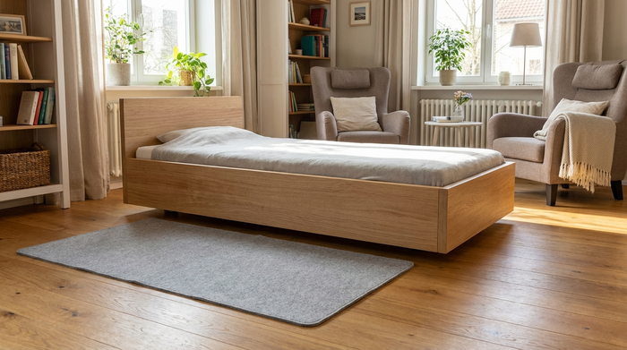 Ein modernes, extrem niedriges Pflegebett aus hellem Holz auf einem warmen Fußboden in einem gemütlichen Seniorenzimmer. Vor dem Bett liegt eine weiche, unauffällige Sturzmatte.