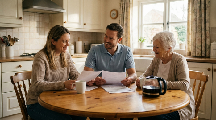 Eine erwachsene Tochter und ein freundlicher Pfleger sitzen gemeinsam mit einer älteren Dame an einem runden Tisch und besprechen entspannt Dokumente bei einer Tasse Kaffee.