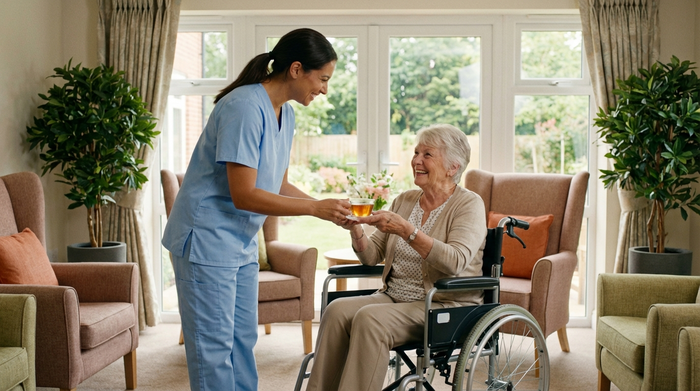 Eine freundliche, professionelle Pflegekraft in sauberer, heller Arbeitskleidung reicht einer lächelnden Seniorin im Rollstuhl eine Tasse Tee. Im Hintergrund sieht man einen lichtdurchfluteten Gemeinschaftsraum einer modernen Pflegeeinrichtung mit gemütlichen Sesseln und grünen Zimmerpflanzen.