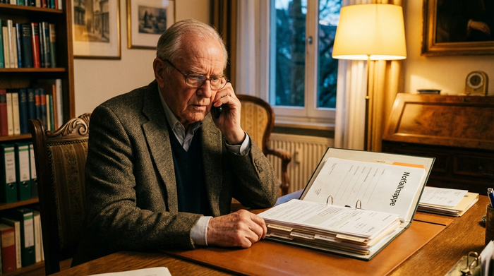 Ein älterer Herr telefoniert konzentriert an einem aufgeräumten Schreibtisch. Neben ihm liegt eine geöffnete Notfallmappe mit ordentlich abgehefteten Papieren. Warme Beleuchtung unterstreicht die ruhige, fokussierte und organisierte Stimmung im Raum.