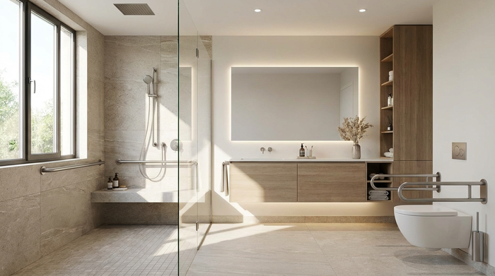 Ein modernes, helles und barrierefreies Badezimmer mit einer großzügigen, bodengleichen Dusche. Rutschfeste Fliesen und elegante, unauffällige Haltegriffe sorgen für Sicherheit, ohne den wohnlichen und stilvollen Charakter des Raumes zu stören.