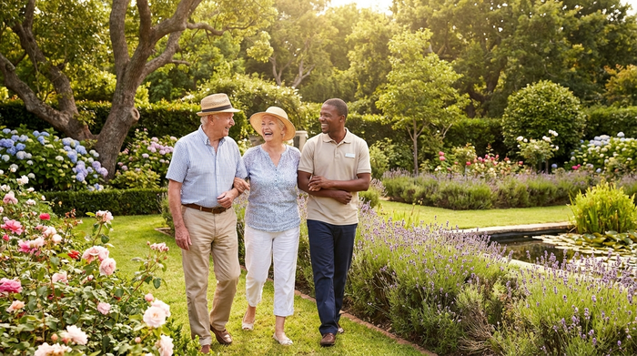 Zwei Senioren spazieren gemeinsam mit einer engagierten Betreuerin durch einen gepflegten, sonnigen Garten mit blühenden Blumenbeeten. Alle wirken entspannt und fröhlich, die grüne Umgebung strahlt viel Ruhe und Geborgenheit aus.