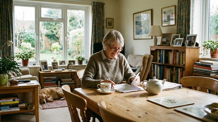 Eine ältere Frau studiert entspannt lächelnd Dokumente am heimischen Esstisch, eine Tasse Tee steht daneben. Helles, gemütliches Wohnzimmer, realistische Szene ohne Text.