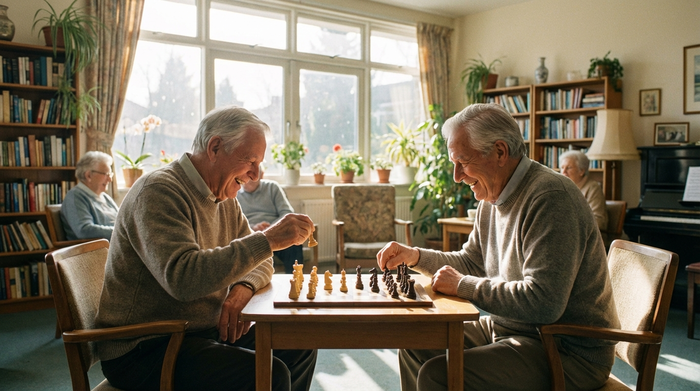 Ein älterer Herr mit grauem Haar spielt vergnügt Schach mit einem anderen Senior in einem sonnigen Gemeinschaftsraum. Beide wirken konzentriert und rundum zufrieden.