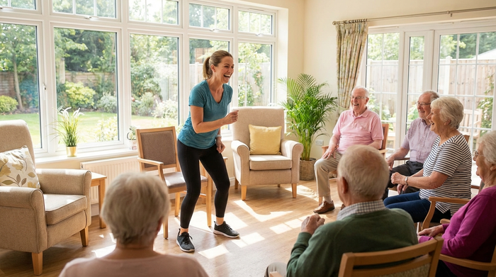Eine Gruppe von Senioren macht leichte Sitzgymnastik in einem hellen, freundlichen Raum mit großen Fenstern. Eine motivierende Trainerin macht die Übungen vor. Fröhliche und aktive Stimmung.