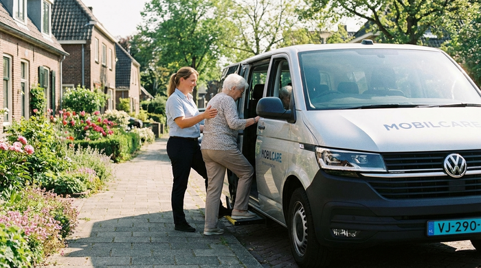 Eine freundliche Fahrerin hilft einer älteren Dame behutsam beim Einsteigen in einen komfortablen Kleinbus. Die Szene zeigt einen sonnigen Vormittag in einem ruhigen Wohngebiet mit gepflegten Vorgärten.
