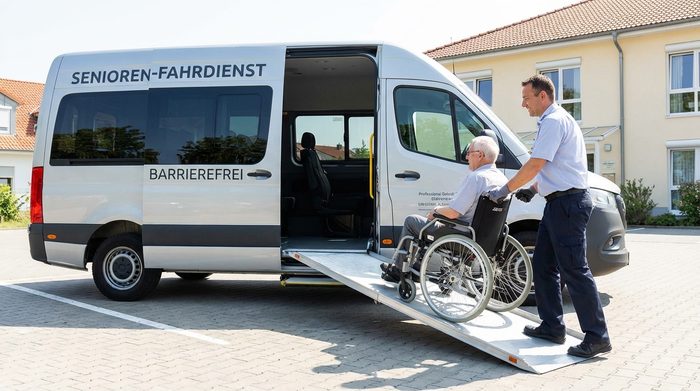 Ein geräumiger Kleinbus mit ausgefahrener Rampe am Heck. Ein Fahrer schiebt einen älteren Herrn im Rollstuhl sicher und routiniert in das Fahrzeuginnere. Helles Tageslicht, professionelle und sichere Umgebung.