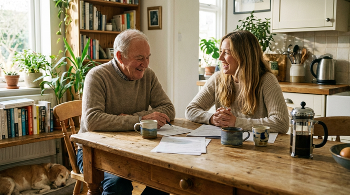 Ein älterer Herr sitzt entspannt am Küchentisch und bespricht mit seiner Tochter lächelnd einige Dokumente. Auf dem Tisch stehen Kaffeetassen, entspannte und zufriedene Stimmung im gemütlichen, hellen Zuhause.