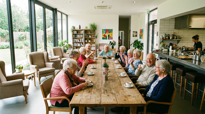 Eine moderne Tagespflegeeinrichtung von innen: Senioren sitzen fröhlich an einem großen Holztisch, trinken Kaffee und unterhalten sich angeregt. Helle Fensterfronten, gemütliche Einrichtung, lebhafte und positive Atmosphäre.