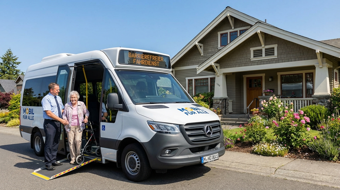Ein moderner, barrierefreier Kleinbus steht vor einem gepflegten Haus. Ein freundlicher Fahrer hilft einer lächelnden älteren Dame sicher beim Einsteigen. Sonniges Wetter, realistische Szene, klare Umgebung.