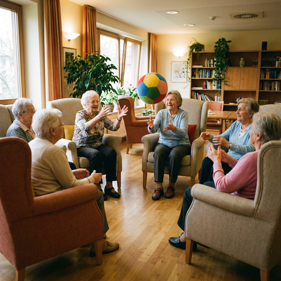 Eine Gruppe von Senioren sitzt im Kreis in bequemen Stühlen und wirft sich spielerisch einen bunten, weichen Ball zu. Alle wirken konzentriert und fröhlich. Helles Licht, gemütliche Atmosphäre ohne Text.