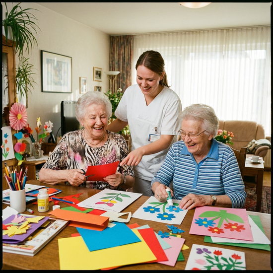 Zwei ältere Frauen sitzen an einem Tisch und basteln mit bunten Papieren. Eine Pflegekraft steht daneben und schaut unterstützend über die Schulter. Entspannte und kreative Stimmung.